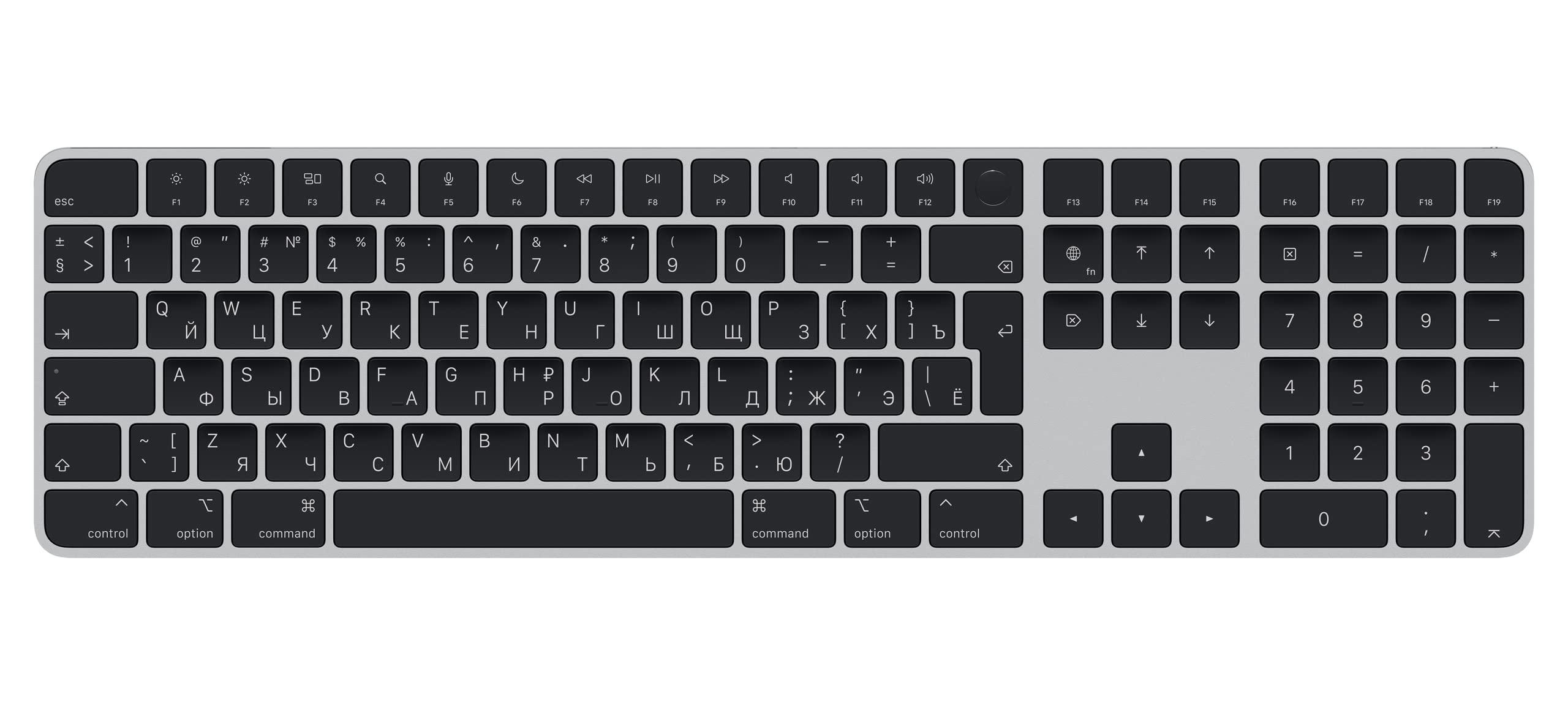 Apple Magic Keyboard mit Touch ID und Ziffernblock: Bluetooth, wiederaufladbar. Kompatibel mit Mac Computern Chip; Russisch, Schwarze Tasten