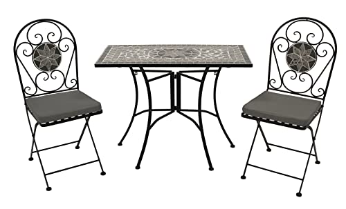 DEGAMO Balkonset Siena 3-teilig, 2X Klappstuhl und 1x Tisch 45x90cm rechteckig, Eisen schwarz mit Mosaik Dekor grau/Weiss, mit Polstern grau