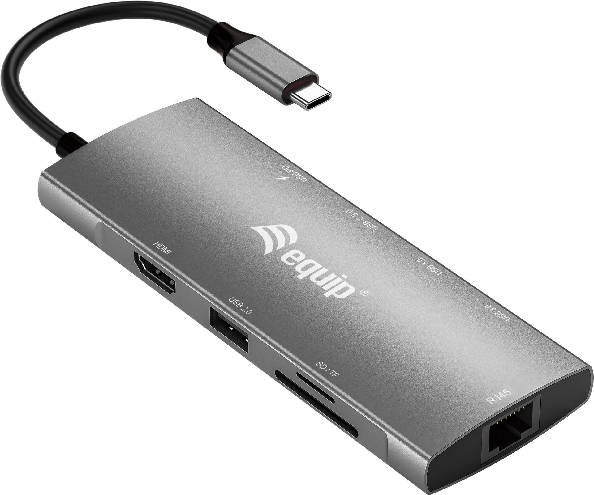 Equip USB-C 9-in-1-Multifunktionsadapter - HDMI 4K/60Hz - Gigabit LAN - USB 3.2 GEN1 - SD/TF - 100W USB PD - Kabelgebunden - USB 3.2 Gen 1 (3.1 Gen 1) Type-C - 100 W - 10,100,1000 Mbit/s - Grau - MicroSD (TransFlash) - SD - SDHC - SDXC (133490)
