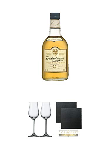 Dalwhinnie 15 Jahre Single Malt Whisky 0,2 Liter + Stölzle Nosingglas für Destillate 2 Gläser - 2050030 + Schiefer Glasuntersetzer eckig ca. 9,5 cm Ø 2 Stück