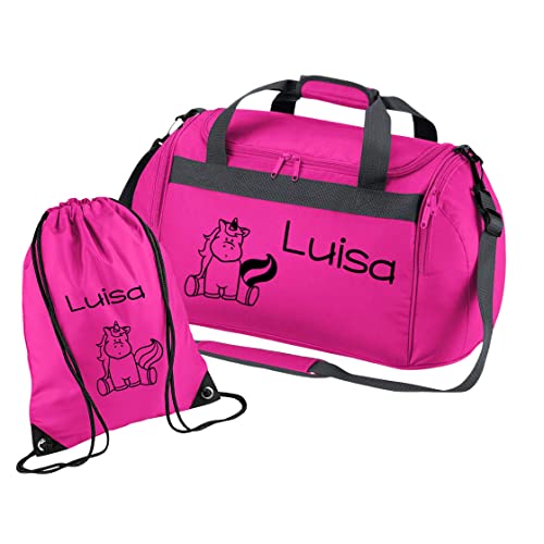 Sporttasche mit Namen für Mädchen | Motiv Einhorn für Kinder | Personalisieren & Bedrucken | Reisetasche Umhängetasche Duffle Bag (pink 2-TLG. mit passendem Turnbeutel)