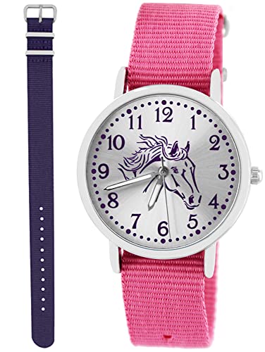Pacific Time Kinder Armbanduhr Mädchen Junge Pferd Motivuhr Kinderuhr Set 2 Textil Armband rosa + violett analog Quarz 10362