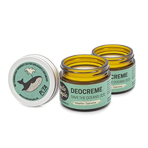 hello simple - Deocreme Deodorant Deo Creme (50 g) - SAVE THE OCEANS! - nachhaltige und zertifizierte Naturkosmetik - ohne Aluminium, vegan, bio, plastikfrei (Limette-Zypresse, 2 Gläser)