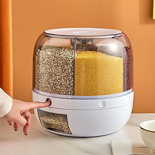Kangmeile Large Capacity Rice Dispenser,6 Grid 360° Rice Dispenser Rotating Food Storage Box Multifunctional Divider Rice Bucket Household 6KG Moisture Proof Insect Proof Grain Organizer