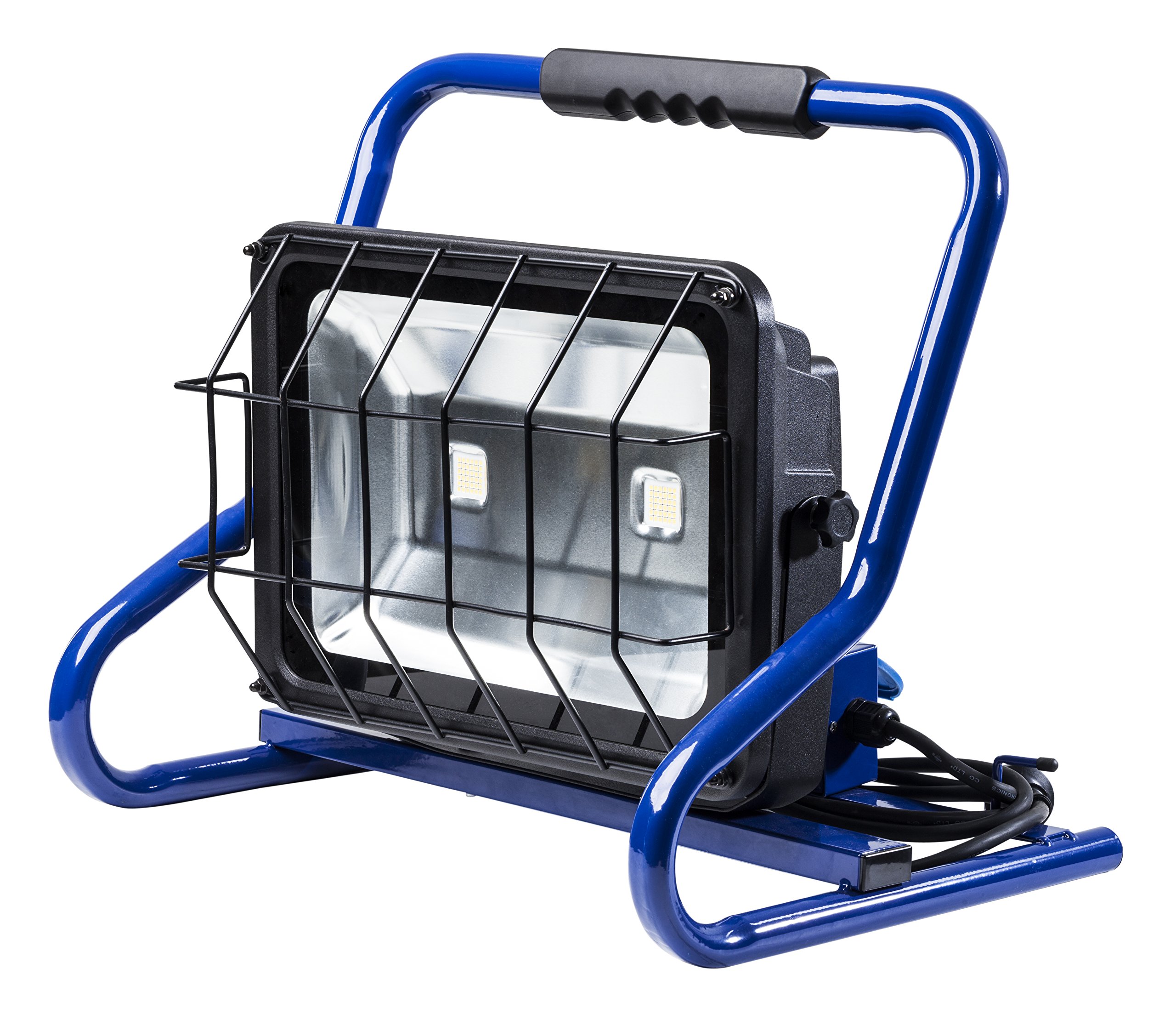 as - Schwabe Tragbarer CHIP-LED Strahler – 80 W mobiler Baustrahler – Fluter mit 3 m Kabel – IP44 – inklusive 2-fach Steckdose – 6800 Lumen – Schwarz, Blau I 46928