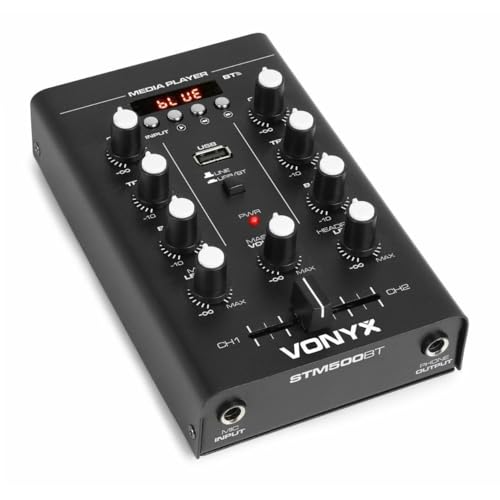 Vonyx STM500BT 2-Kanal DJ-Mixer - Bluetooth-Funktion, MP3-Player, USB-Port, Mikrofon-Eingang, Kopfhörer-Anschluss, 2-Band Equalizer, LCD-Display, schwarz