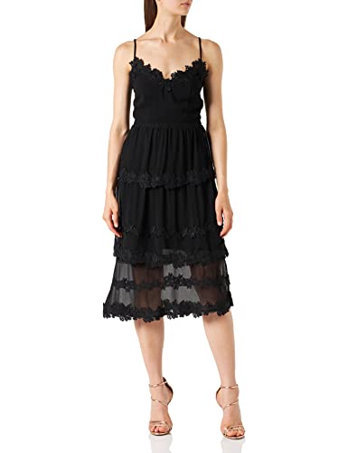 TRUTH & FABLE Damen Midi Chiffon Kleid mit Blumenstickerei, Schwarz (Black), 36 (Herstellergröße: Small)