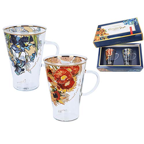 CARMANI - Einzigartige Glas bemalte Kaffee Latte Cappuccino Tee heiße Schokolade Tasse mit 'Irises' und 'Sonnenblumen' von Vincent Van Gogh - 400 ml
