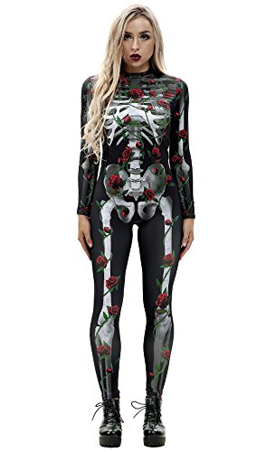 URVIP Skelett Overall Damen Knochen Skeleton Halloween Kostüm Bodysuit Anzug Karneval Fasching Color-BAX-013 M