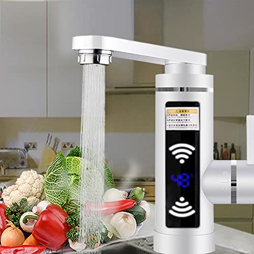 3000W LED Temperaturanzeige Elektrisch Durchlauferhitzer Wasserhahn Sofort Warm Küchearmatur Schnellheizungshahn mit digitale Wassertemperaturanzeige,25-60℃ (Weiß)