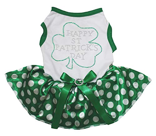 Petitebelle Hundekleid mit Strasssteinen, Aufschrift "Happy St Patrick's Day", Weiß / Grün gepunktet, Größe XXX-Large