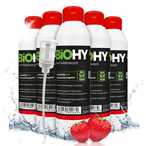 BiOHY Sanitärreiniger (6x250ml Flasche) + Dosierer | Kalkzersetzendes Konzentrat für den Sanitärbereich | Badreiniger mit angenehme & frischen Duft | EXTRA STARK