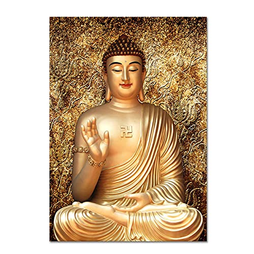Goldene Buddha-Leinwandmalerei, Heimdekoration, religiöse Wandkunst, Bild, modernes Buddha-Wohnzimmer, Heimdekoration, Poster, 80 x 120 cm, rahmenlos