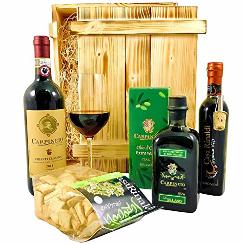 Geschenkset Siena | Italien Geschenkkorb mit Wein, Olivenöl & Holzkiste | Feinkost Präsentkorb mit Rotwein & italienischen Spezialitäten aus der Toskana