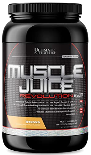 Ultimate Nutrition Muscle Juice Revolution 2600 Weight Gainer,Intestinal Health, Muscle Recovery with Glutamine, Micellar Casein and Time Release Complex Carbohydrates,Banana Protein Powder,4.69 Pounds