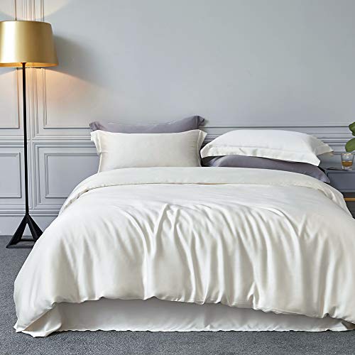 CoutureBridal Satin Bettwäsche Set 135 x 200 cm Weiß Elfenbein Glatt Sommer Bettwäsche mit Reißverschluss Bettbezug und Kissenbezug 80 x 80 cm