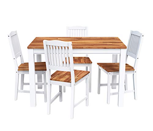 INTERBUILD REAL WOOD Akazie Swoppmokk Esszimmer-Set aus Echtholz, Tisch mit 4 stühlen Set, 0% VOC geölt und weiß lackiert,kueche, esszimmer, Wohnzimmer, klein, Holz