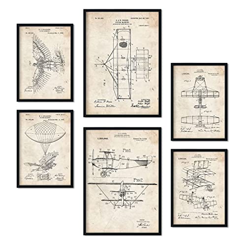 Nacnic Set von 6 Plakaten mit Flugzeug Patenten. Plakate mit Retro-Patentabbildungen. Inneneinrichtung im Vintage-Stil. Grösse A4 und A3. Mit Rahmen.