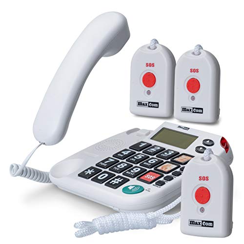 Maxcom KXTSOS: Seniorentelefon mit Funk-Notruf-Sender, schnurgebundenes Festnetztelefon mit 3 Umhängesendern, großen Tasten, Adapterstecker, hörgerätekompatibel