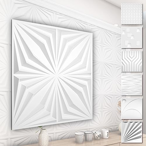 HEXIM 3D Wandpaneele, PVC Kunststoff weiß - Abstrakt Design Paneele 50x50cm Wandverkleidung (3QM HD126) Kunststoffplatten Wellenoptik