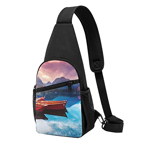 Scenic Lake Bedruckte Brusttasche Crossbody Brustgurt Rucksack Reise Wandern Brusttasche Tagesrucksack, Schwarz , Einheitsgröße