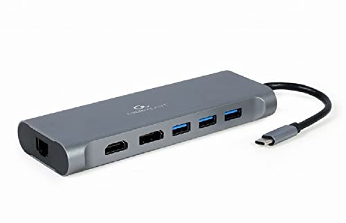 USB-Adapter-Typ C 8 EN 1 Multifunktionsgerät (HUB3.0 + HDMI + DISPLAYPORT + VGA + PD + LECTOR DE TARJETAS + LAN + AUDIO ESTÉREO), Grau