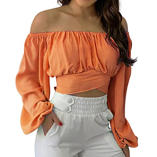 Damen Sommer Schulterfreie Crop Tops Rüschen Laterne Ärmel Krawatte Zurück Bluse Shirt(XL-Orange)