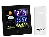 GreenBlue GB521B Funk Wetterstation mit Außensensor Kalender Hygrometer Thermometer DCF Uhr Wecker Batterie und Netzbetrieb Schwarz