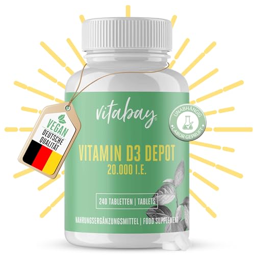 Vitabay Vitamin D3 Depot 20.000 I.E • 240 vegane Tabletten • Hochdosiert • Bioverfügbar • Hergestellt aus Flechten • Sichere & kontrollierte Herstellung • Made in Germany