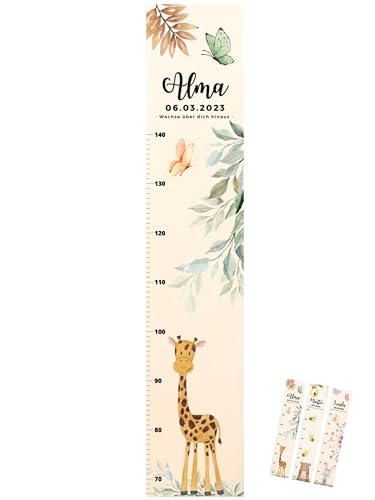 wunderwunsch - Personalisierte Messlatte Kind Holz zum Kleben oder Aufhängen - Skala 70-140cm - Süße Dekoration für Baby- & Kleinkinderzimmer (Giraffe)