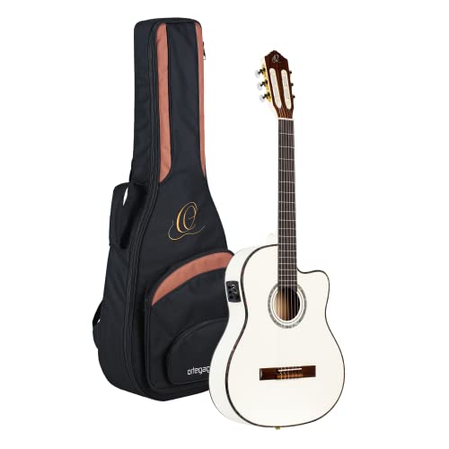 Ortega Guitars RCE145WH Konzertgitarre in Größe 4/4 elektrifiziert Thinline Korpus schlanker 48 mm Hals weiß massive Decke hochglanz Finish mit hochwertigem Gigbag und Gurt
