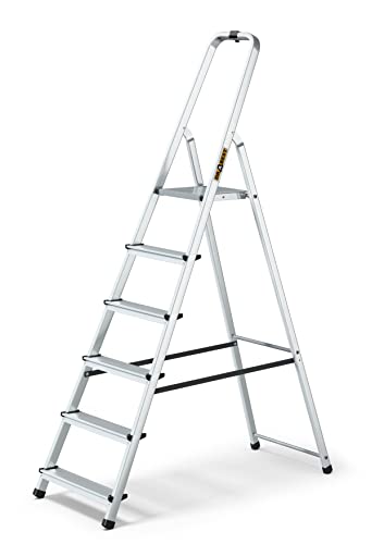 DRABEST Trittleiter Klappbar Alu Leiter 6 Stufen Stehleiter Haushaltsleiter Belastbar bis 125 kg Mehrzweckleiter kostenloser Haken