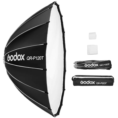 Godox QR-P120T 120 cm/47,2 Zoll parabolische Tiefe Softbox, Schnellverschluss, Faltbare Softbox mit Standard-Bowens-Halterung und Diffusoren für Blitzgerät Speedlite Dauerlicht Fotografie Porträt