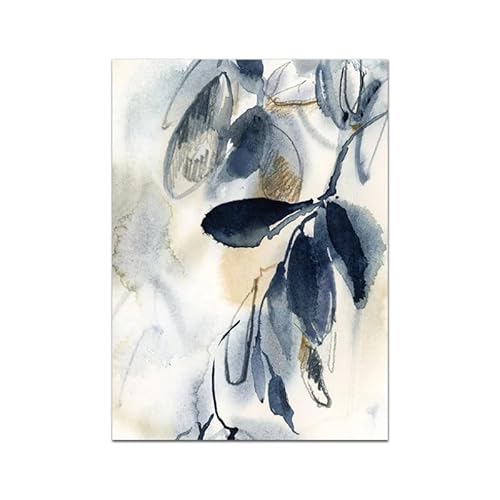 GIBOH Klassisches Aquarell-Poster und Drucke mit blauem Blatt, abstrakte Wandkunst, Pflanzenblätter, Leinwandgemälde, ästhetische Bilder für die Heimdekoration, 50 x 70 cm x 1, ohne Rahmen