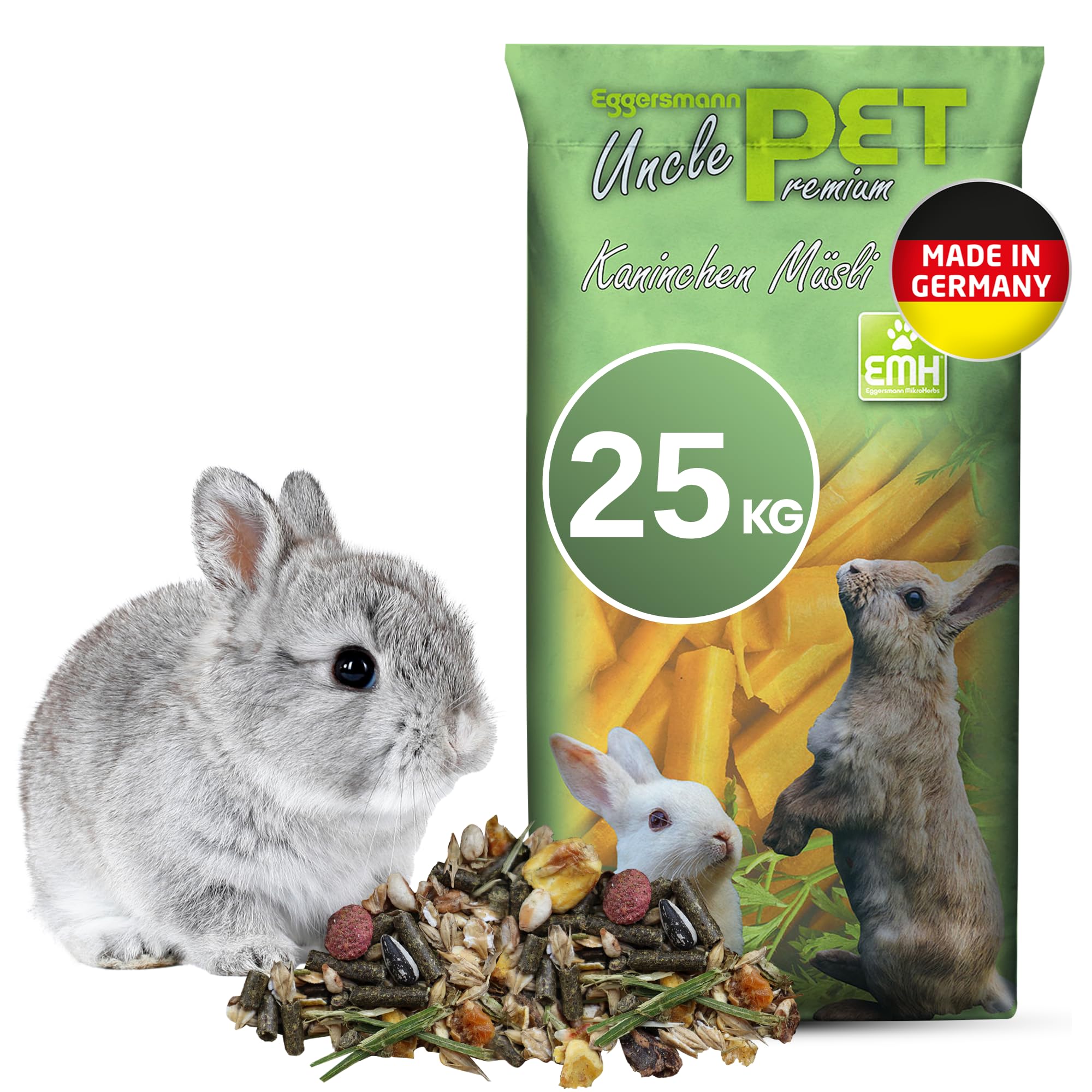 Eggersmann Uncle Pet 25 kg Kaninchenfutter - Premium Kaninchen Müsli - Kaninchen Futter mit der natürlichen Kraft aus Kräutern und Karotten - Kaninchenzubehör (25 kg Sack)