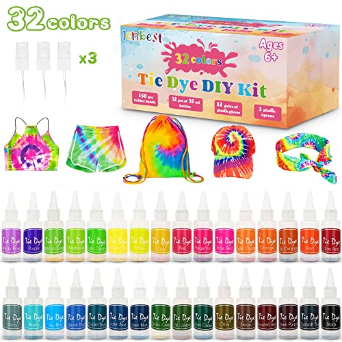 lenbest DIY Tie Dye Kit - 32 Färbe-Set für Kinder - Erwachsene und Gruppen - Ungiftige Hemd Stoff Farbe - Textilfarbe waschmaschinenfest, - Partys - Versammlungen