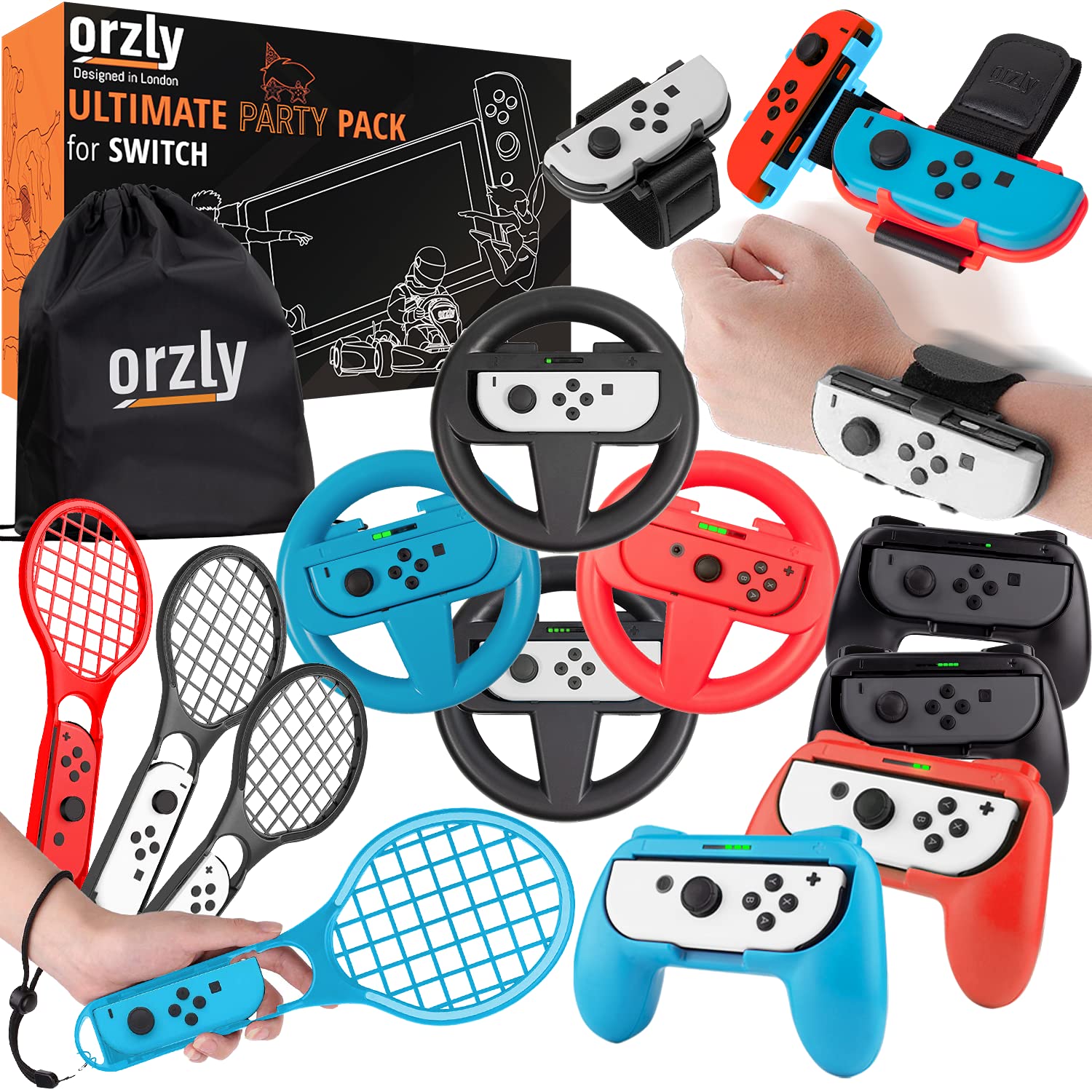 Orzly Party-Zubehör-Set für Nintendo-Switch-Konsole mit Controller-Griffen und Renn-Lenkrädern, Handgelenk-Tanzbändern, Tennisschlägern (enthält 16 Partyaufsätze und Tragetasche)