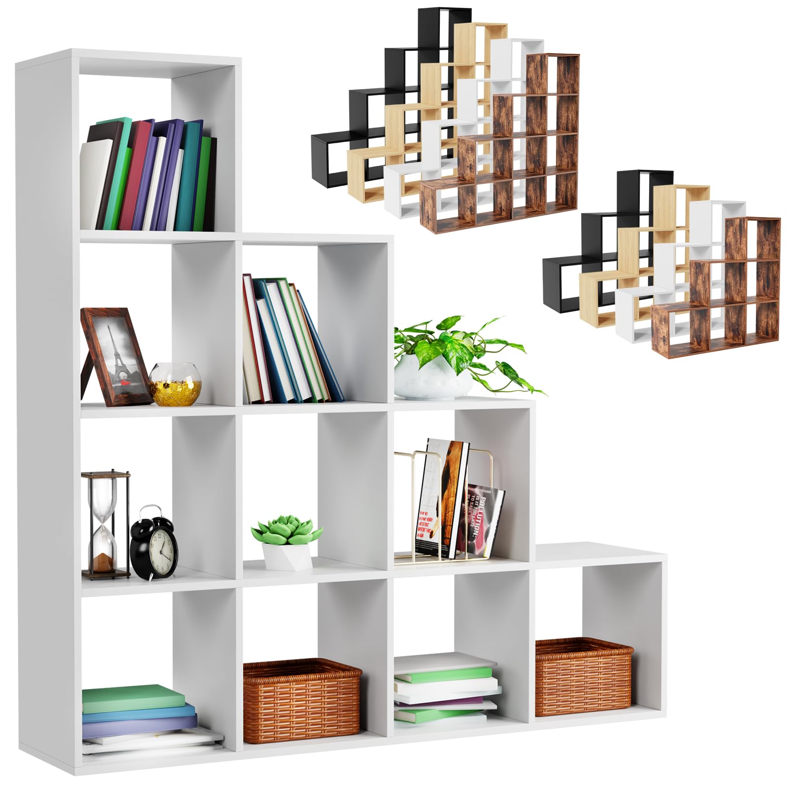 MIADOMODO® Treppenregal - Weiß, 10 Fächer, 129,5x29x129,5 cm, für Wohnzimmer, Stabil, Offen, Freistehend, Indoor, aus MDF-Platte - Stufenregal, Raumteiler Regal, Bücherregal, Standregal