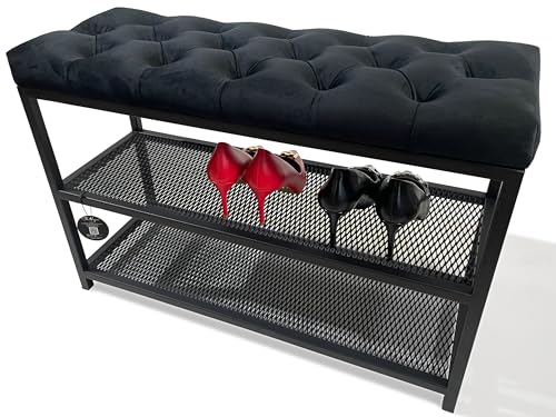 FLEXISTYLE Loft Schuhschrank mit sitzbank schwarz breit Holz Eiche gepolstert Metall Industrial Style (Schwarz, 80 cm breit)