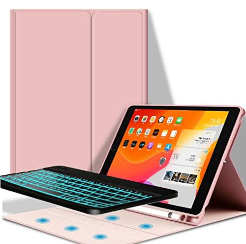 YGoal Tastatur Hülle für 10.2 2019,[7 Colors Backlit][QWERTY Englische Layout] Ultradünn PU Leder Schutzhülle mit Abnehmbarer drahtloser Tastatur für 10.2 2019 (Baby Pink)