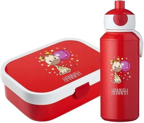 4you Design Set: rote Brotdose & Trinkflasche für Kinder -Giraffe- personalisiert mit Namen – inkl. Bento Box, Gabel & Pop-Up Flasche, Einschulung, Schule (Rot)
