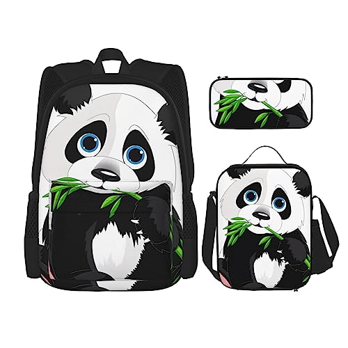Niedlicher Panda Prints Rucksack 3-teilig Schulranzen mit Lunchbox und Federmäppchen Set - Geeignet für Jungen und Mädchen, Schwarz , Einheitsgröße, Kinderrucksack