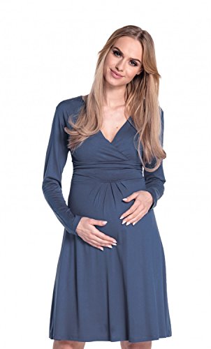 Happy Mama Damen Viskosejersey Umstandskleid Schwangerschafts Kleid Langarm 890p- Gr. EU 36 / (S), Blau Grau
