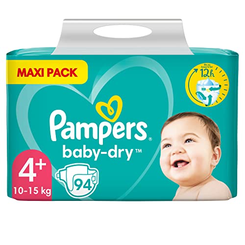 Pampers Baby Windeln Größe 4+ (10-15kg) Baby-Dry, Maxi Plus, 94 Stück, MAXI PACK, bis zu 12 Stunden Rundum-Auslaufschutz