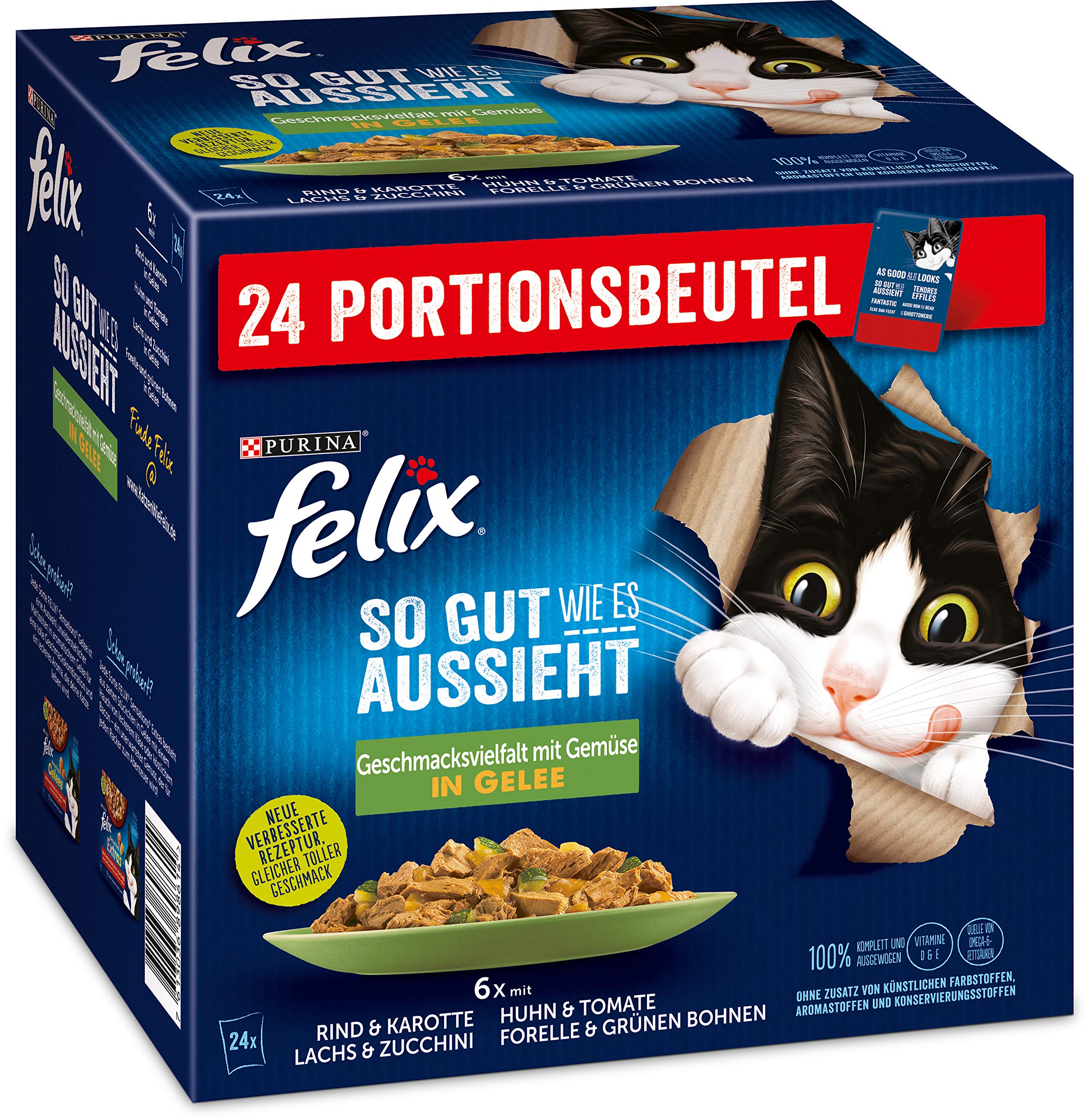 FELIX Katzennassfutter So gut wie es aussieht in Gelee Geschmacksvielfalt vom Land mit Gemüse, 4er Pack (4 x 24 x 85g) Portionsbeutel