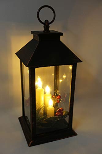 CBK-MS Weihnachten Advent Deko Laterne mit 3 LED Kerzen und Tannengrün für innen + außen mit Timer Batteriebetrieb
