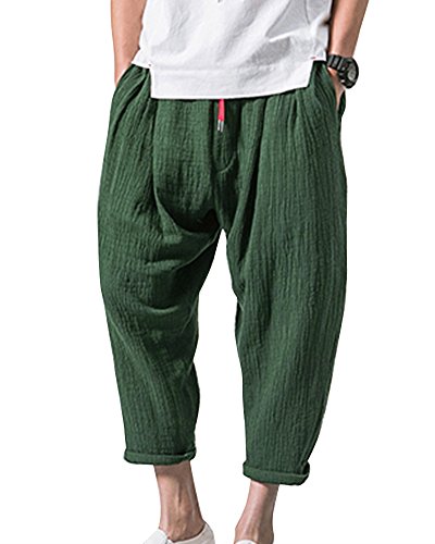 ShiFan Bequeme Leichte Freizeithose Viele Taschen Weite Leinenhose Caprihose Für Männer Armee-Grün XL