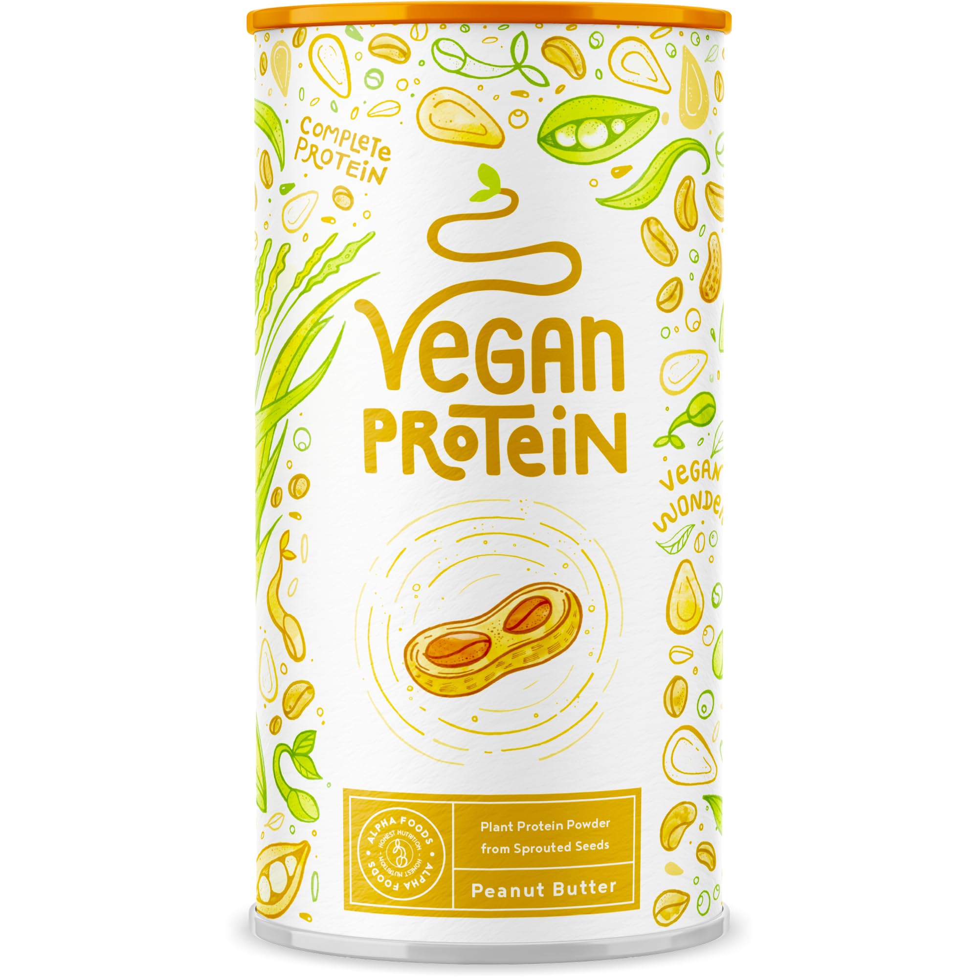 Vegan Protein - ERDNUSSBUTTER - Pflanzliches Proteinpulver aus gesprossten Reis, Erbsen, Chia-Samen, Leinsamen, Amaranth, Sonnenblumen- und Kürbiskernen - 600 Gramm Pulver
