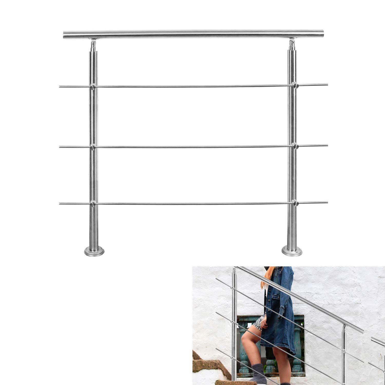 Riossad Edelstahl Handlauf Geländer für Balkon Brüstung Treppen mit/ohne Querstreben (80cm, 3 Querstreben)