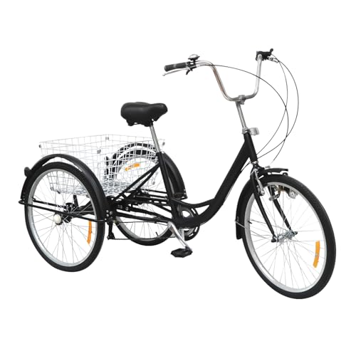 WOLEGM 24" 3 Räder Senioren Einkauffahrrad, 6 Gäng Dreirad mit Korb und Licht, Schwarz Senioren Einkauffahrrad Tricycle für Erholung, Einkaufen, Picknicks